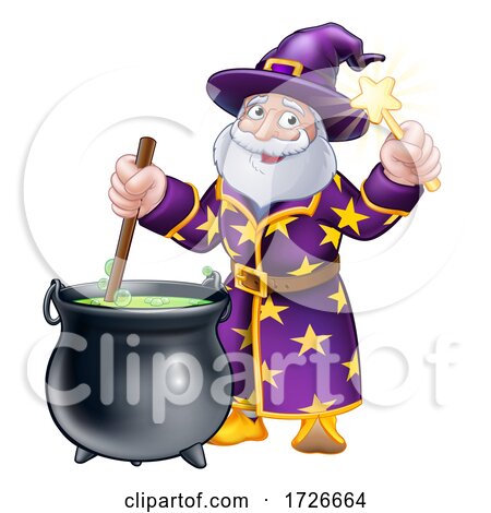 Wizard with Cauldron and Wand Cartoon by AtStockIllustration