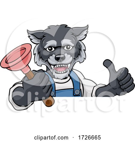 Wolf Plumber Cartoon Mascot Holding Plunger by AtStockIllustration