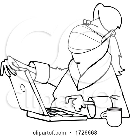 Cartoon Lady Wearing a Mask and Using a Laptop by djart