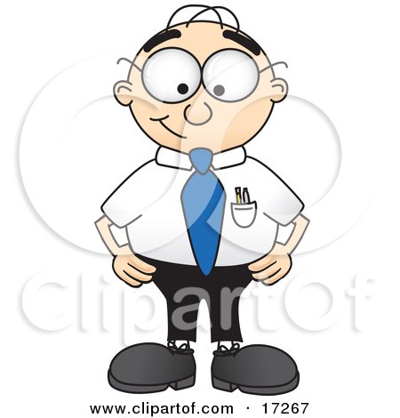 Clipart Picture of a Male Caucasian Office Nerd Business Man Mascot Cartoon Character Standing With His Hands on His Hips by Mascot Junction