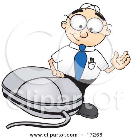 Clipart Picture of a Male Caucasian Office Nerd Business Man Mascot Cartoon Character Waving and Standing by a Computer Mouse by Mascot Junction