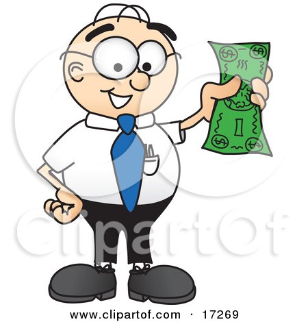 Clipart Picture of a Male Caucasian Office Nerd Business Man Mascot Cartoon Character Holding a Dollar Bill  by Mascot Junction