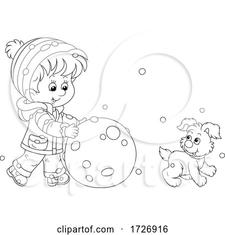 Boy and Puppy Making a Giant Snowball or Snowman by Alex Bannykh