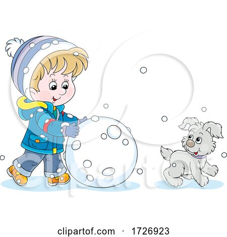 Boy and Puppy Making a Giant Snowball or Snowman by Alex Bannykh