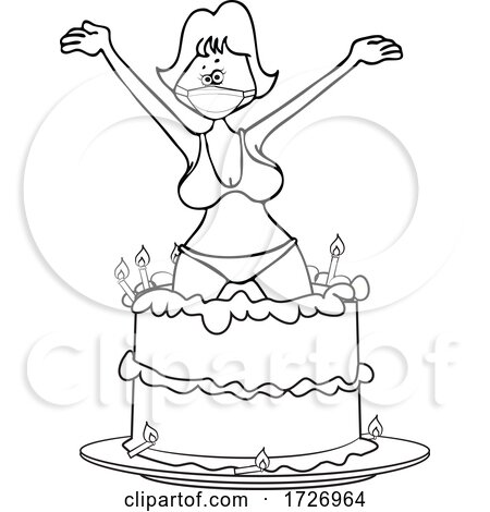 Cartoon Lady Wearing a Mask and Bikini and Popping out of a Birthday Cake by djart