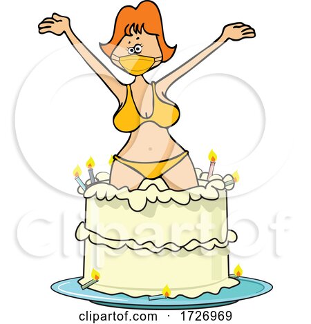 Cartoon Woman Wearing a Mask and Bikini and Popping out of a Birthday Cake by djart