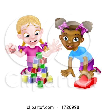 Girls Playing with Building Blocks and Car by AtStockIllustration