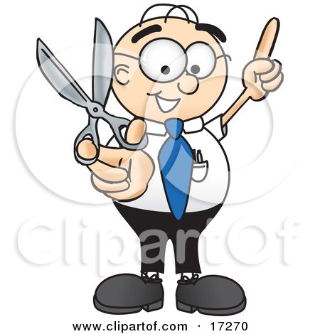 Clipart Picture of a Male Caucasian Office Nerd Business Man Mascot Cartoon Character Holding Up a Pair of Scissors by Mascot Junction