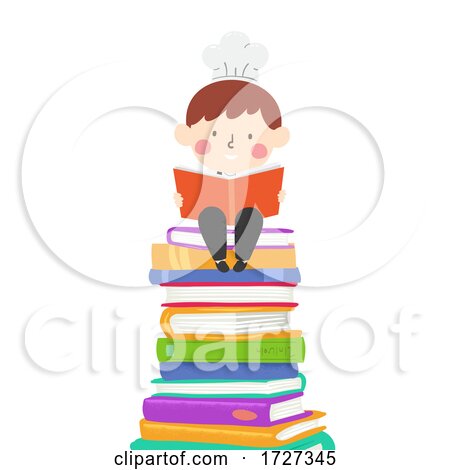 Kid Boy Chef Reading Sit Pile Books Illustration by BNP Design Studio