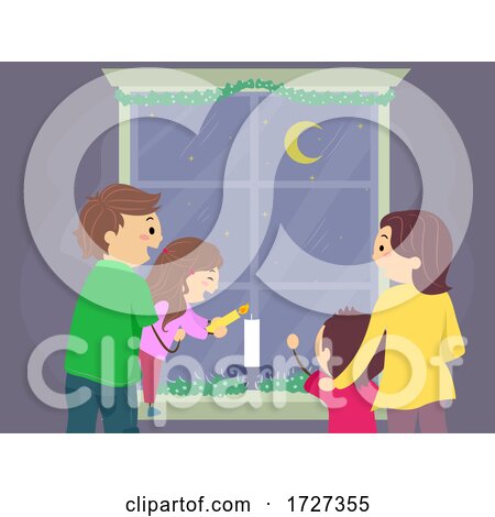 Stickman Family Window Candle Light Illustration by BNP Design Studio