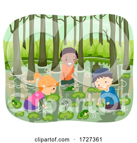 Stickman Kids Swamp Water Search Frog Illustration by BNP Design Studio