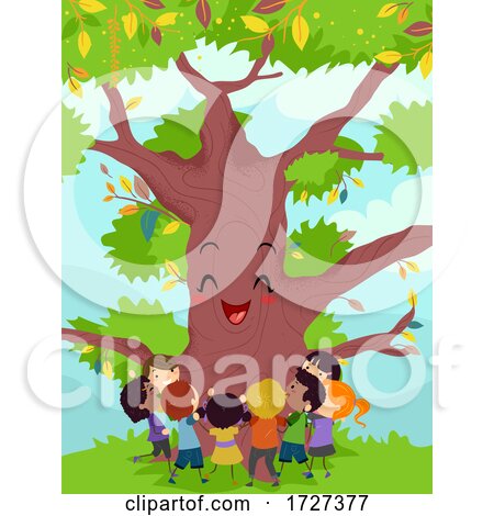 Stickman Kids Hug Happy Big Tree Illustration by BNP Design Studio