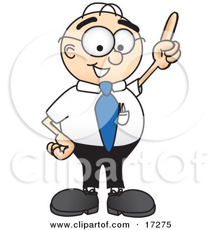 Clipart Picture of a Male Caucasian Office Nerd Business Man Mascot Cartoon Character Pointing Upwards by Mascot Junction