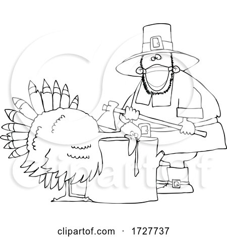 Cartoon Male Pilgrim Wearing a Mask and Butchering a Turkey by djart