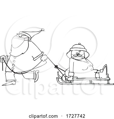 Cartoon Santa Wearing a Face Mask and Pulling Mrs Claus on a Sled by djart