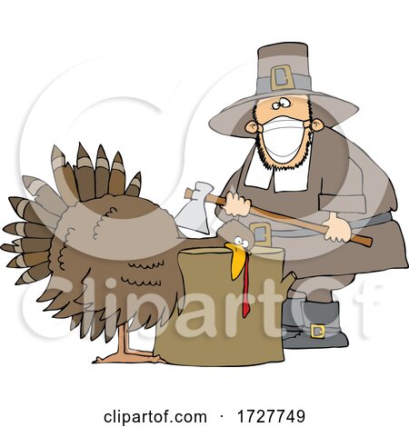 Cartoon Pilgrim Wearing a Mask and Butchering a Turkey by djart