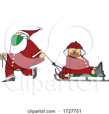 Cartoon Santa Wearing a Mask and Pulling Mrs Claus on a Sled by djart