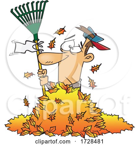 Cartoon Man Waving a White Rake Flag in a Pile of Autumn Leaves Posters, Art Prints