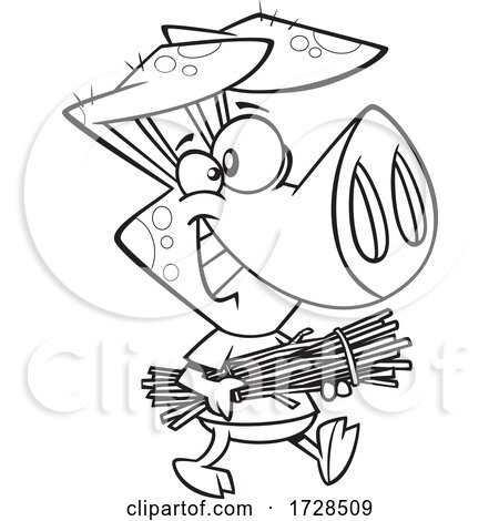 Cartoon Lineart Pig Carrying Sticks from the Three Little Pigs by toonaday