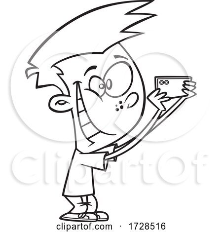 Cartoon Lineart Boy Taking Pics with His Phone by toonaday