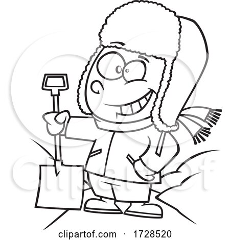 Cartoon Lineart Boy Standing Proud After Snow Shoveling a Sidewalk by toonaday