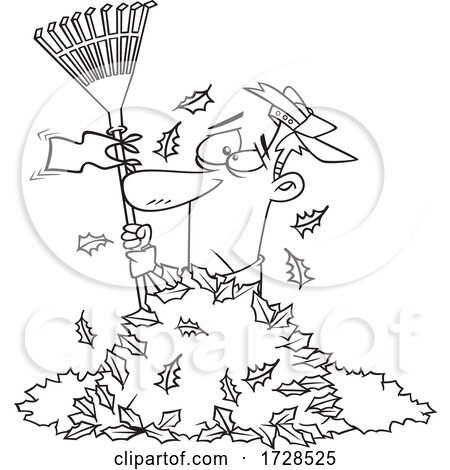 Cartoon Lineart Man Waving a White Rake Flag in a Pile of Autumn Leaves by toonaday