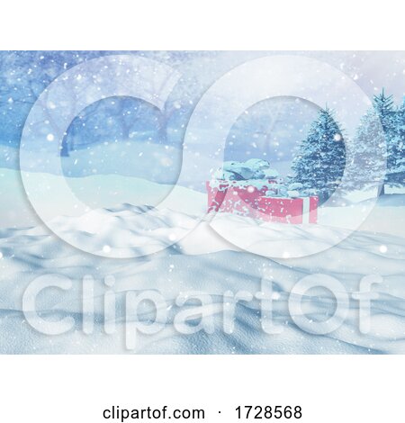 3D Christmas Landscape with Gifts Nestled in the Snow by KJ Pargeter