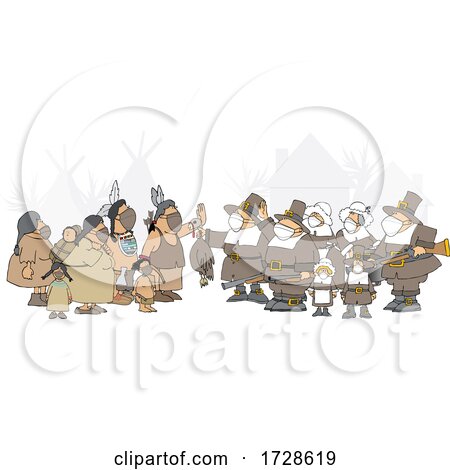 Cartoon Group of Pilgrims Wearing Masks and Offering a Dead Turkey to Native Americans by djart