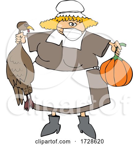 Cartoon Pilgrim Woman Holding a Turkey and Pumpkin and Wearing a Mask by djart