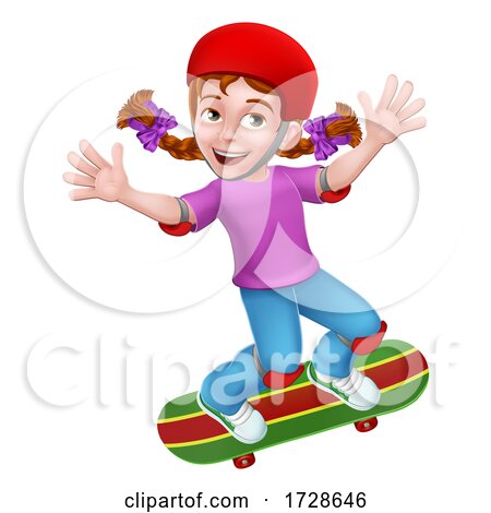 Girl Kid on Skateboard Skateboarding Cartoon by AtStockIllustration