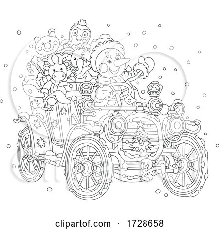 Snowman Driving an Antique Car Full of Toys by Alex Bannykh