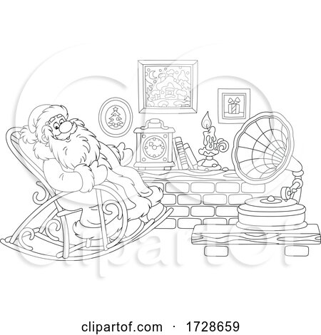 Christmas Santa Sitting in a Rocking Chair and Listening to Music on a Phonograph by Alex Bannykh