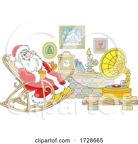 Christmas Santa Sitting in a Rocking Chair and Listening to Music on a Phonograph by Alex Bannykh