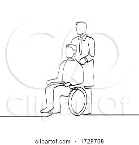 Patient Sitting on Wheelchair with Doctor or Nurse Caregiver Continuous Line Drawing by patrimonio