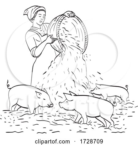 Female Peasant Farmer Feeding Pigs Line Art Drawing Black and White by patrimonio