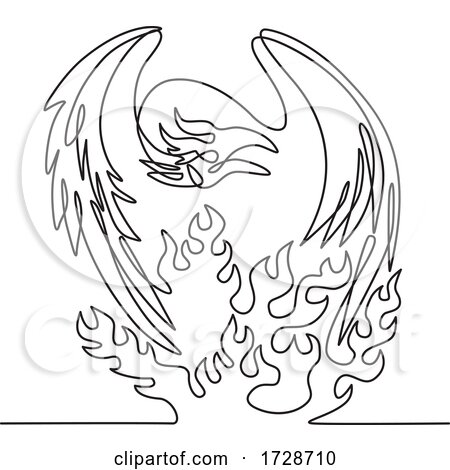 Phoenix a Mythological Bird That Cyclically Regenerates on Fire Front View Continuous Line Drawing Black and White by patrimonio