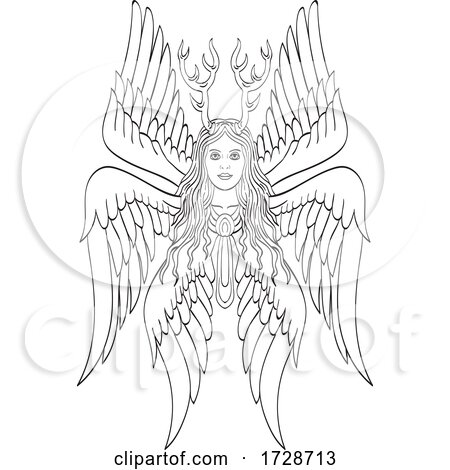 Seraph or Seraphim a Six Winged Fiery Angel with Six Wings and Deer Antlers Tattoo Style Black and White by patrimonio