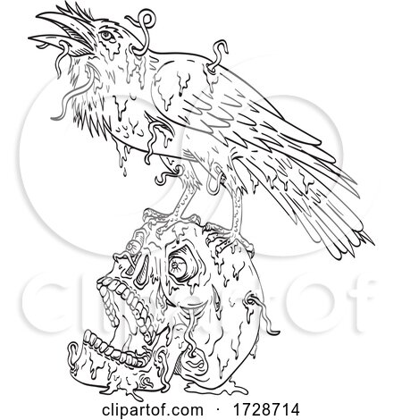 Raven Perching on Top of Human Skull Dripping with Earthworm or Borrowing Worm Line Art Drawing by patrimonio