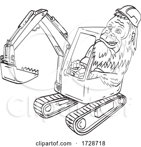 Sasquatch or Bigfoot Wearing Hardhat Driving a Mechanical Digger Excavator Line Art Drawing Illustration by patrimonio
