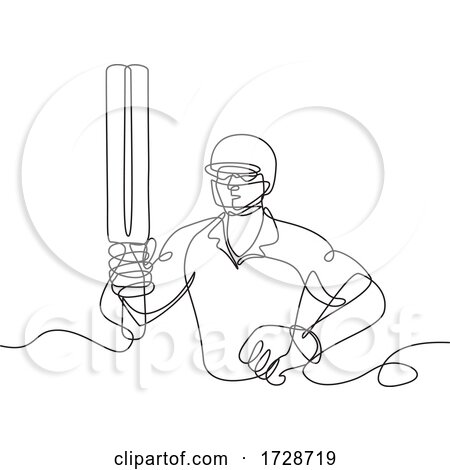 Cricket Batsman Holding up Bat Front View Continuous Line Drawing by patrimonio