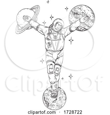 Astronaut Wearing Spacesuit Crucified on Planet Saturn Jupiter and Moon Line Art Drawing by patrimonio