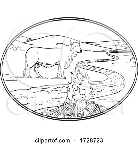 Brahman Bull Standing with Winding River or Creek Mountain Range and Campfire Line Art Drawing Tattoo Style Black and White by patrimonio