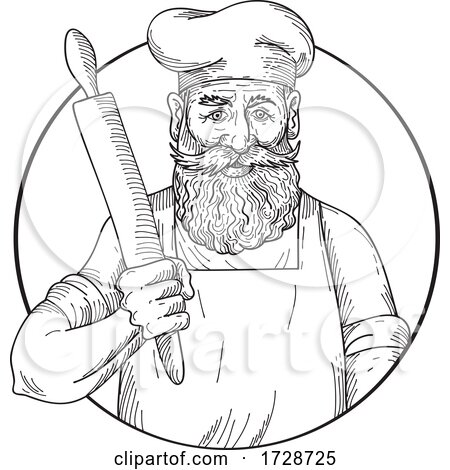 Hipster Baker with Full Beard Holding a Rolling Pin Front View Drawing Black and White by patrimonio