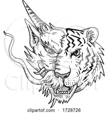 Head of a Half Chinese Dragon Half Bengal Tiger Front View Drawing by patrimonio