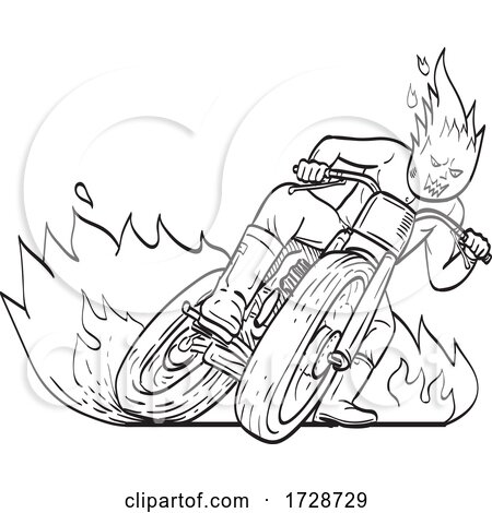 Motorcycle Driver with Fireball Head Driving Motorbike Flat Track Racing Line Art Drawing Black and White by patrimonio
