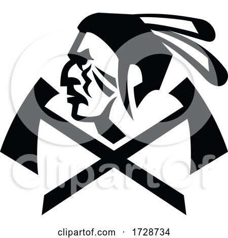 Head of Native American Indian Warrior with Crossed Tomahawk Mascot Black and White by patrimonio