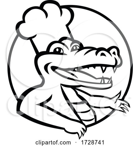 Happy Chef Alligator Gator or Crocodile Wearing Chef Hat Circle Mascot Retro Black and White by patrimonio