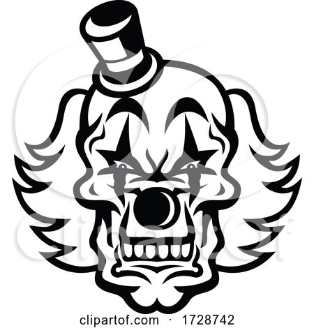 Head of Scary and Evil Whiteface Clown Skull Front View Mascot Black and White by patrimonio