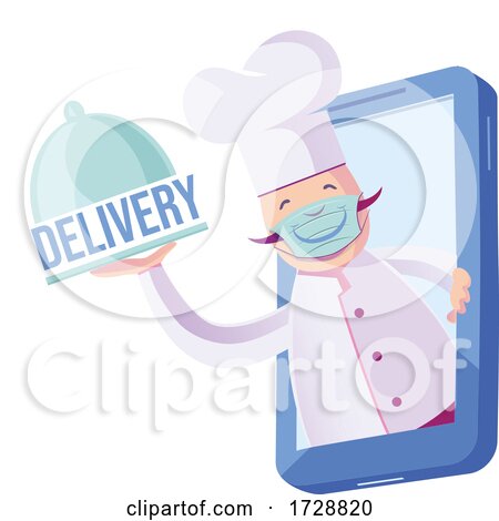 Chef with Mask Coming out of His Cellphone with Plate That Says Delivery by Domenico Condello