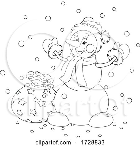 Black and White Christmas Snowman Wearing a Santa Hat by Alex Bannykh